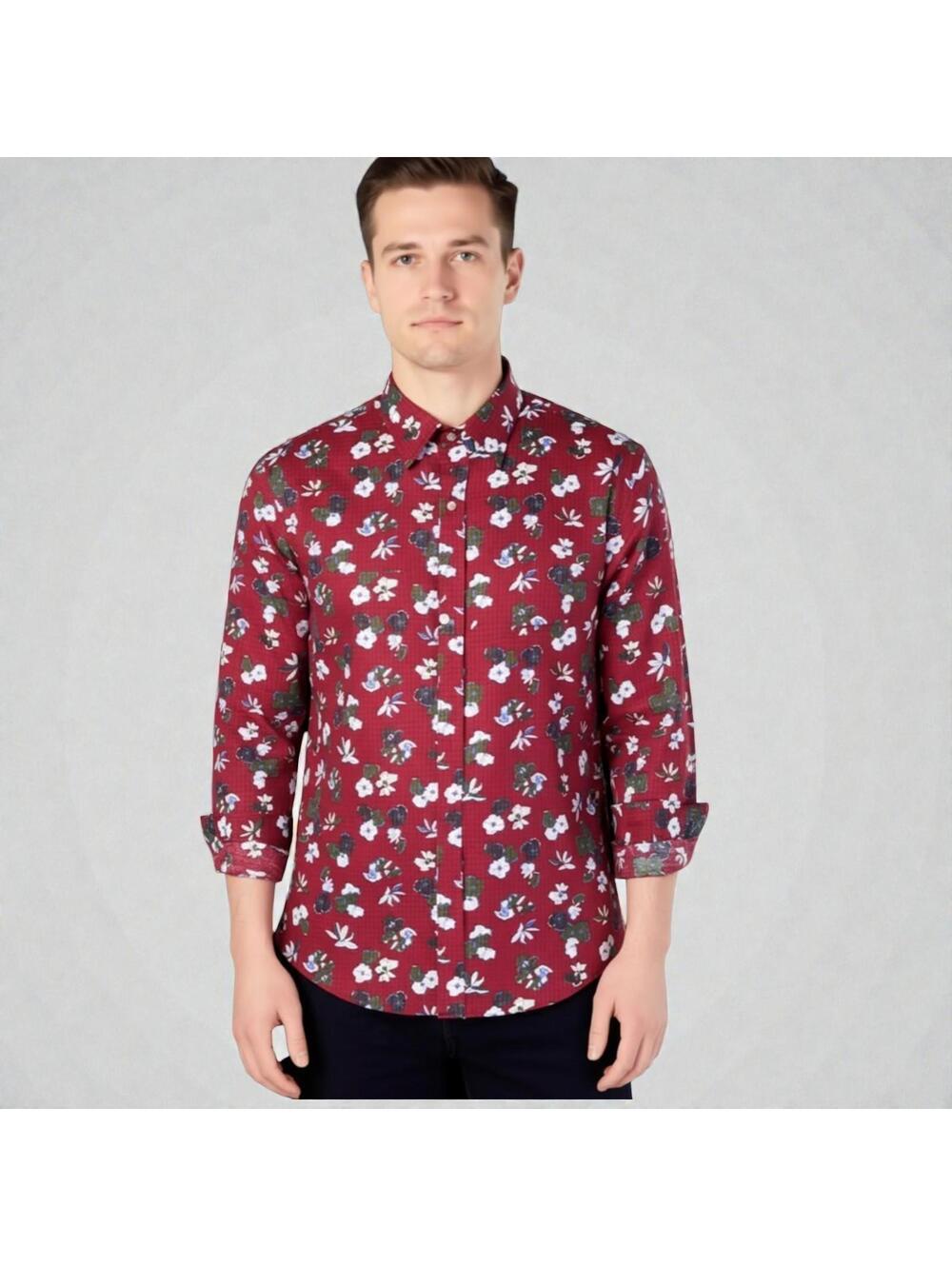 Michael Kors Men's M Slim Fit Burgundy Floral Linen Blend Long Sleeve Shirt NWT